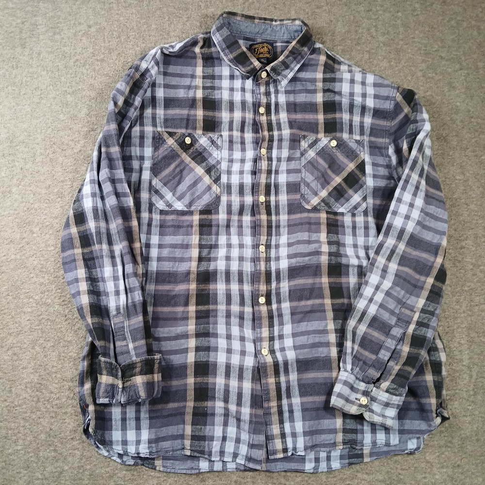 Jachs Button Down Shirt Mens XL‎ Blue Grey Plaid Cotton Linen Long Sleeve